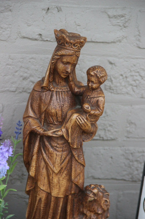 Large antique Chalkware Religious Madonna statue figurine flanders lion symbol