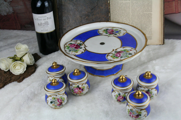 Antique French Serving tray 6 cream pots sevres floral porcelain 1900