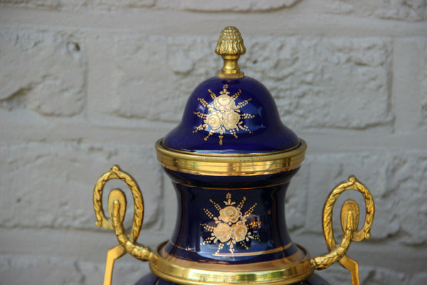 PAIR French Sevres Limoges cobalt blue romantic Scene Vases