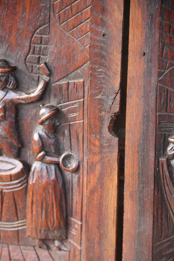 Antique French pair breton wood carved cabinet panels