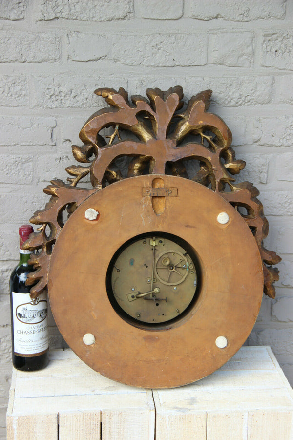 HUGE Antique black forest  Wood carved Wall clock Floral decor rare