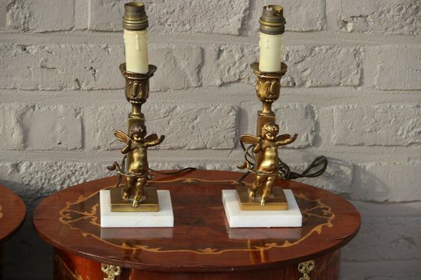 PAIR antique bronze putti angels night table lights lamps onyx marble base 1920