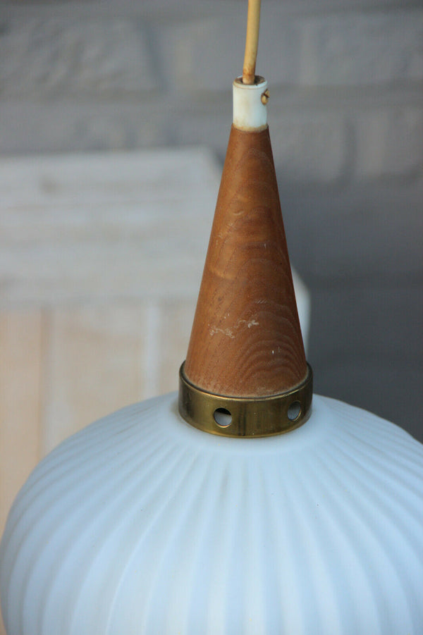 PAIR Retro 1970 Scandinavian teak milk glass shades pendant lamp chandelier