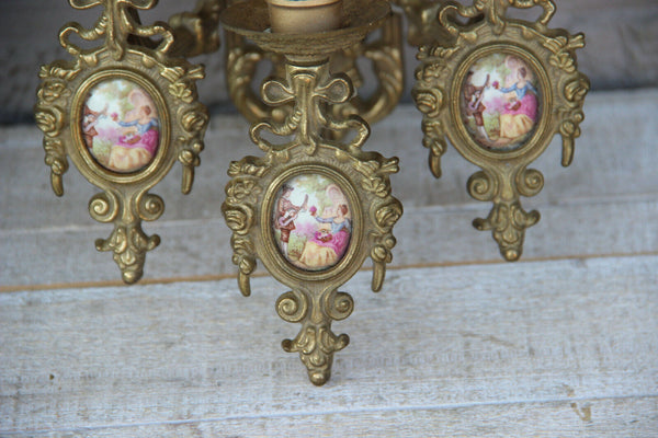 PAIR vintage French brass Wall lights sconces porcelain victorian plaques