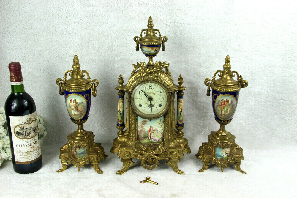 Gorgeous French Porcelain victorian scene Clock set candelabras urns FHS