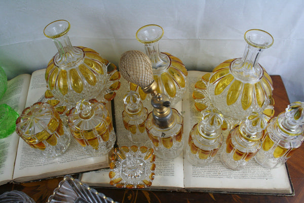 Antique Belgian Val saint lambert amber vanity set dresser + green + clear 1906