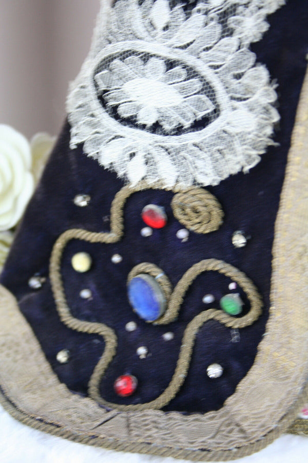 Rare Antique 1880 French crown Wax Madonna statue child cape stones religious