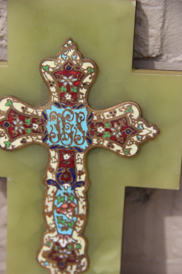 Antique religious Cloisonne enamel onyx marble holy water font crucifix