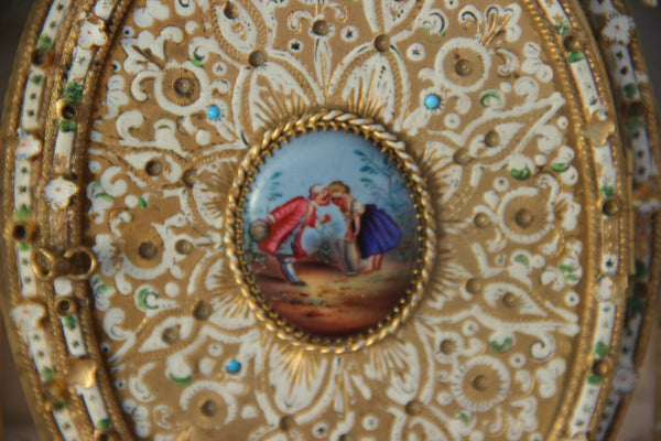 Rare french antique brass inlaid stones enamel porcelain medaillon picture frame