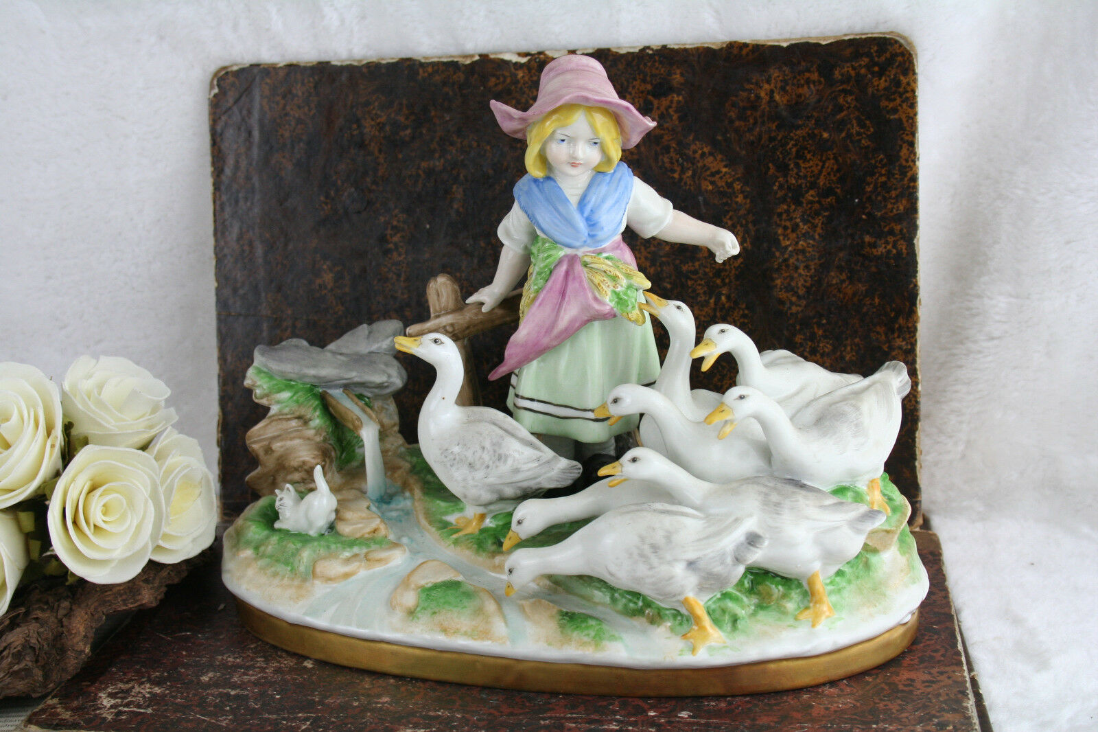 VTG German porcelain marked Figurine girl goose kitten group 1960's