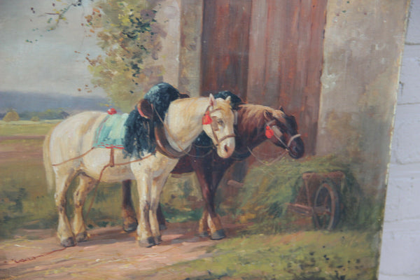 PAIR antique oil canvas painting horses equestrian signed E Fromentin 19thc