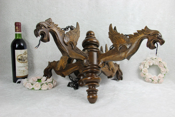 Vintage French Castle gothic 4 Dragon arms Wood carved chandelier pendant