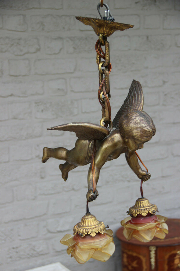 Superb antique parisian heavy bronze putti angel pendant lantern chandelier