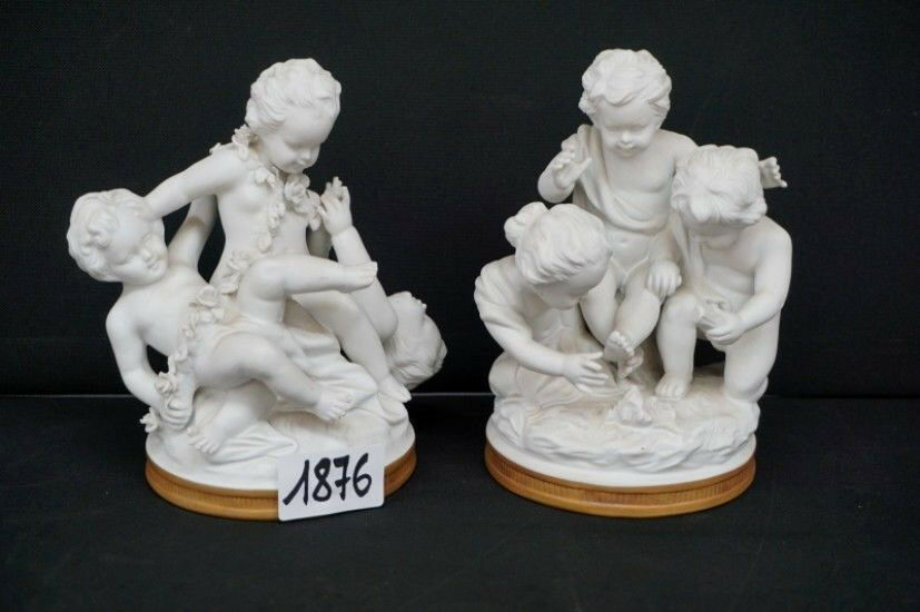 Pair German Unterweissbach marked porcelain bisque putti angels group statues