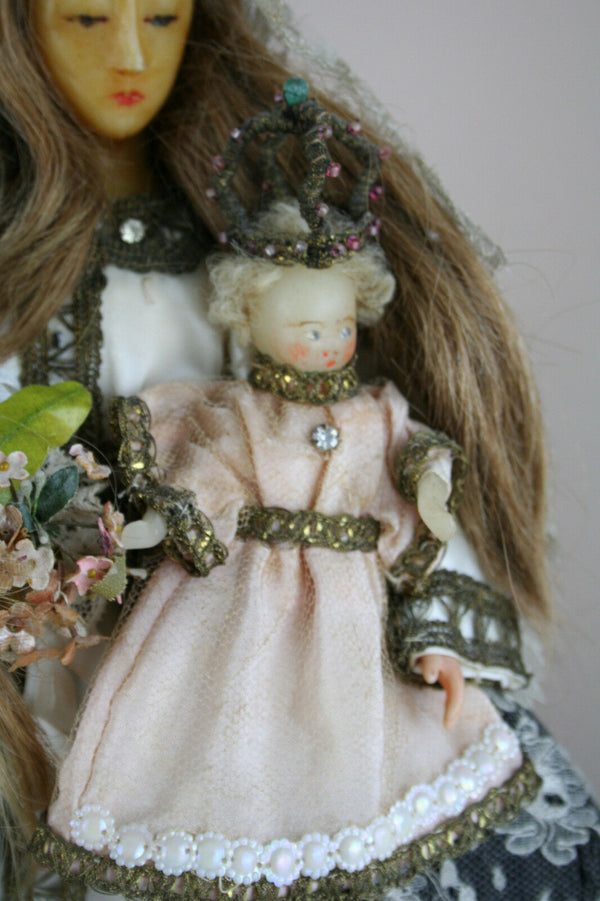 Rare Antique 1880 French crown Wax Madonna statue child cape stones religious
