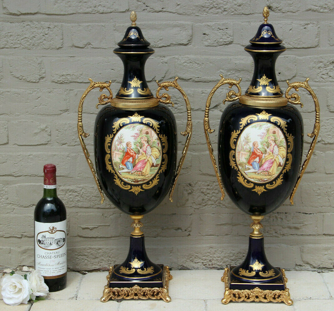 XXL PAIR French Limoges cobalt blue porcelain victorian scene vases
