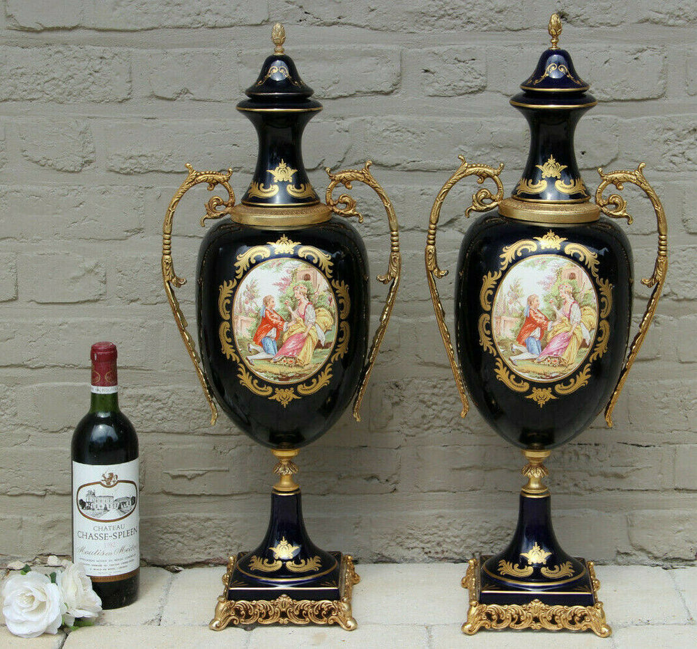 XXL PAIR French Limoges cobalt blue porcelain victorian scene vases
