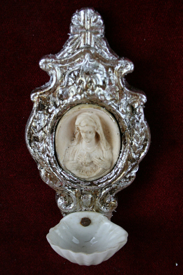 French 19th c HOLY water FONT vessel Wood frame font on velvet biscuit french