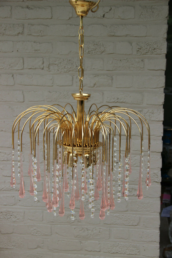 Vintage italian Mid century Murano drops pink clear glass Chandelier 1970 n1