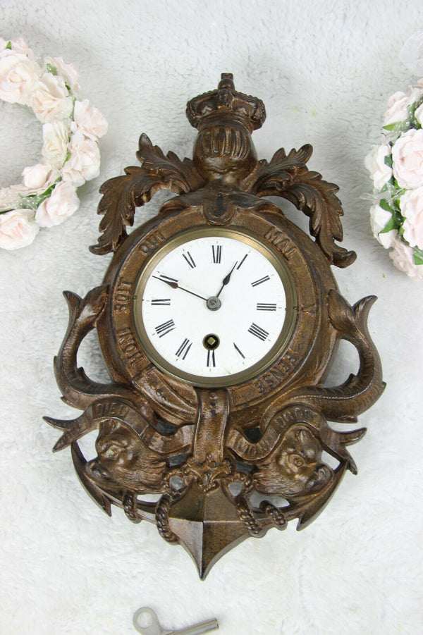 Vintage French spelter bronze anchor dolphin fish knight wall clock rare