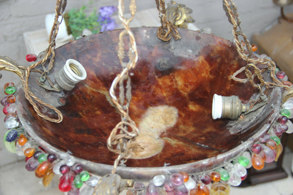 Antique French Chandelier alabaster Amber bowl murano glass grape floral rim
