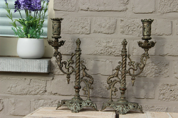 PAIR antique French bronze castle dragon rare candle holder neo gothic