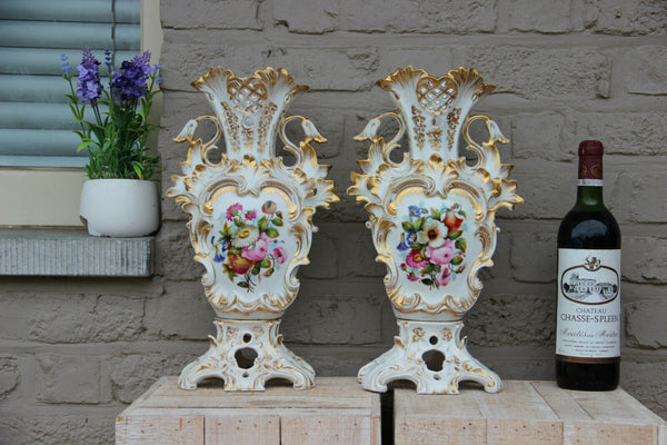 PAIR antique French vieux paris porcelain hand paint floral scene