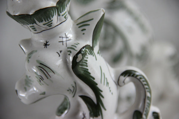 PAIR antique french faience Dragon lions gothic Candleholder / lamp griffin