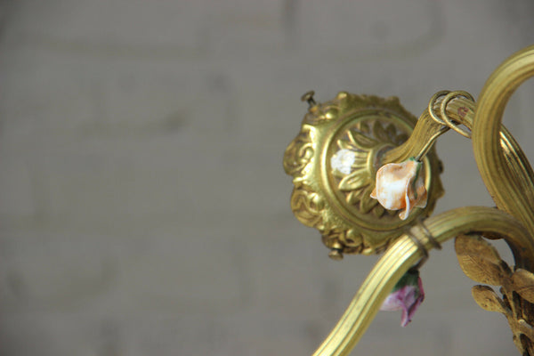 French bronze porcelain flowers putti 7 arms chandelier empire