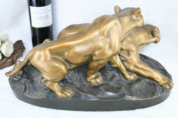Large ART deco 30's Chalkware gold patina Tiger Panther Couple on the hunt