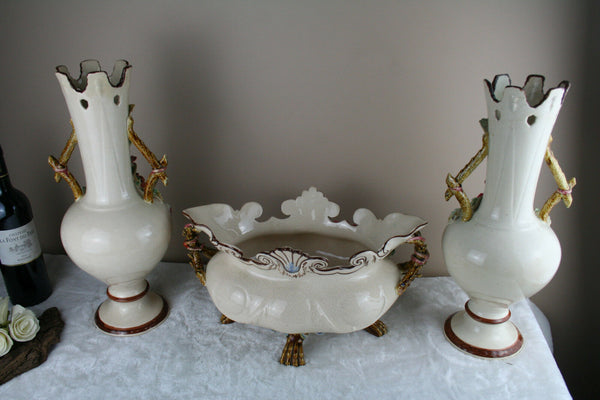 Huge Mantle set Barbotine majolica Garniture vases centerpiece set 1900 French