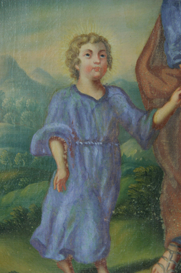 Antique Religious oil canvas painting jesus child joseph angels putti
