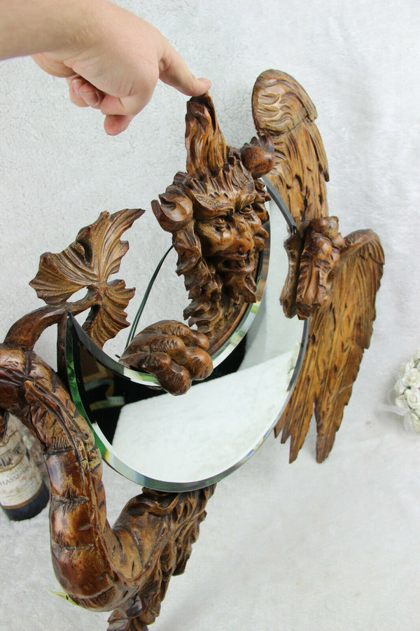 Large Antique French Wood carved dragon gothic head mirror sickle Attr. VIARDOT