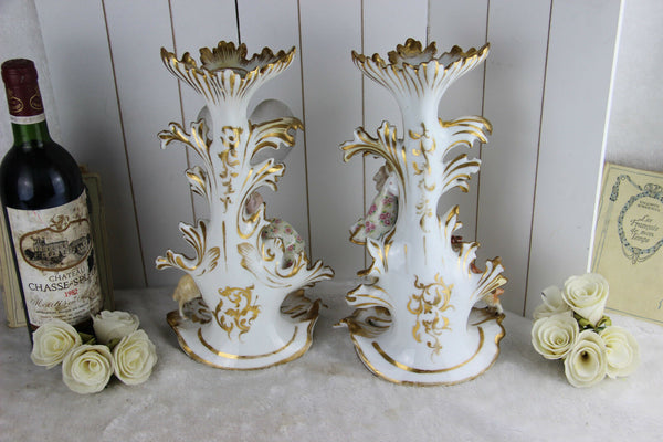Rare French PAIR antique 19th c vieux paris porcelain Vases Sheperd figurines
