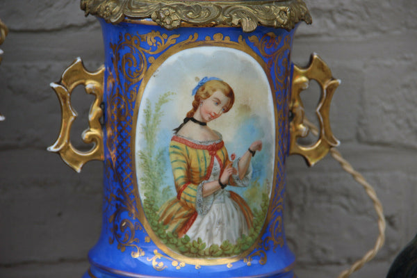 Huge PAIR French antique oil lamp Vieux paris porcelain portrait floral decor