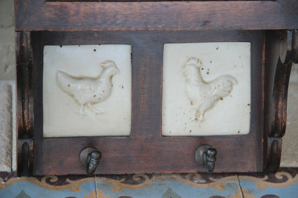 Vintage Flemish Rooster chicken faience plaques wall cabinet spices rack hooks