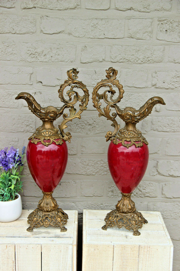 Antique French spelter Faience sang de boeuf Vases ewer pitcher