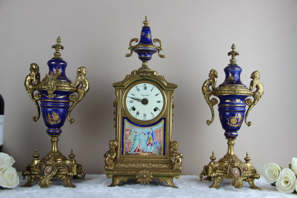 Unusual XL Faience Clock set Caryatid Vases porcelain plaque 1960's gorgeous