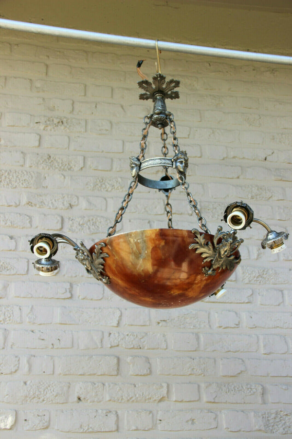 Antique French Alabaster Amber Coupe bowl  Caryatid heads chandelier