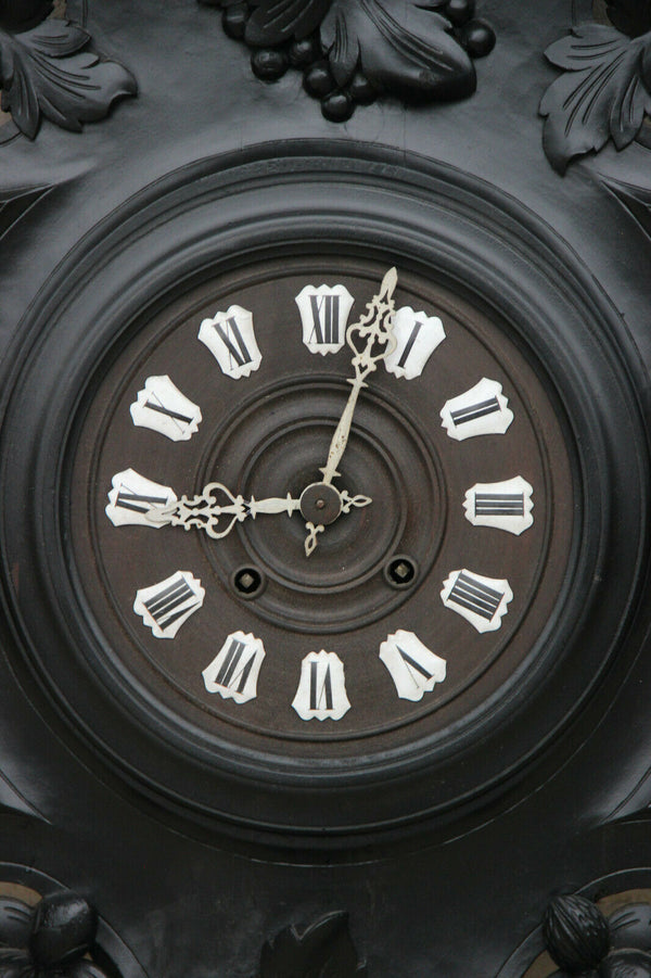 XXL Antique BLACK FOREST wood carved fruits pineapple wall clock black rare