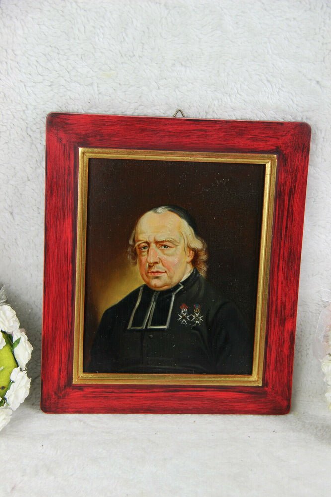 Antique oil panel painting of Bishop PIERRE Triest religious priest of Gent