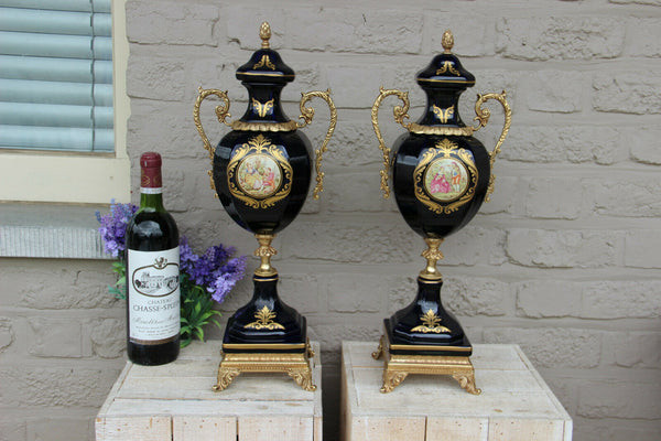 Pair French Limoges cobalt blue Victorian romantic scene Vases 1960 marked