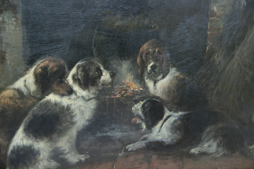 Top listed Edward Joris Moerenhout antique Oil panel dogs at rest signed 19th c