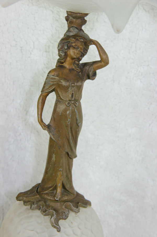 Antique French art nouveau spelter lady figurine glass bowl centerpiece dragons