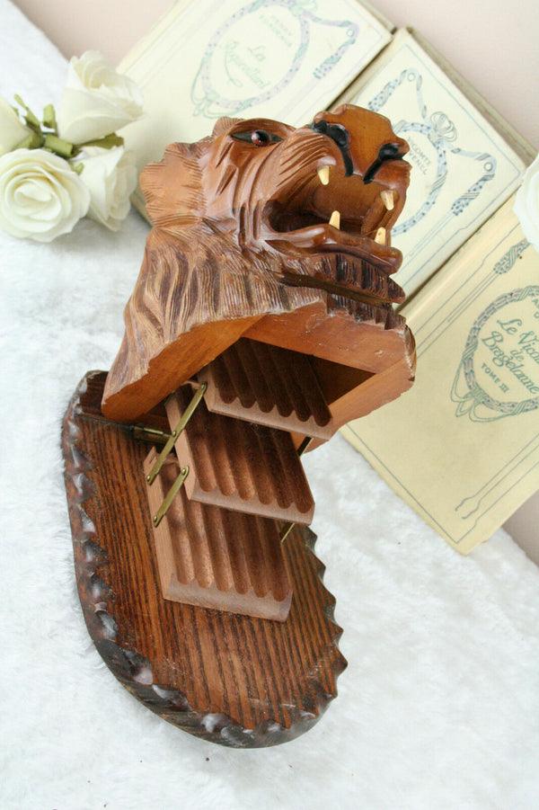 VTG Black forest design Wood carved Swiss Cigarettes box tiger glass eyes