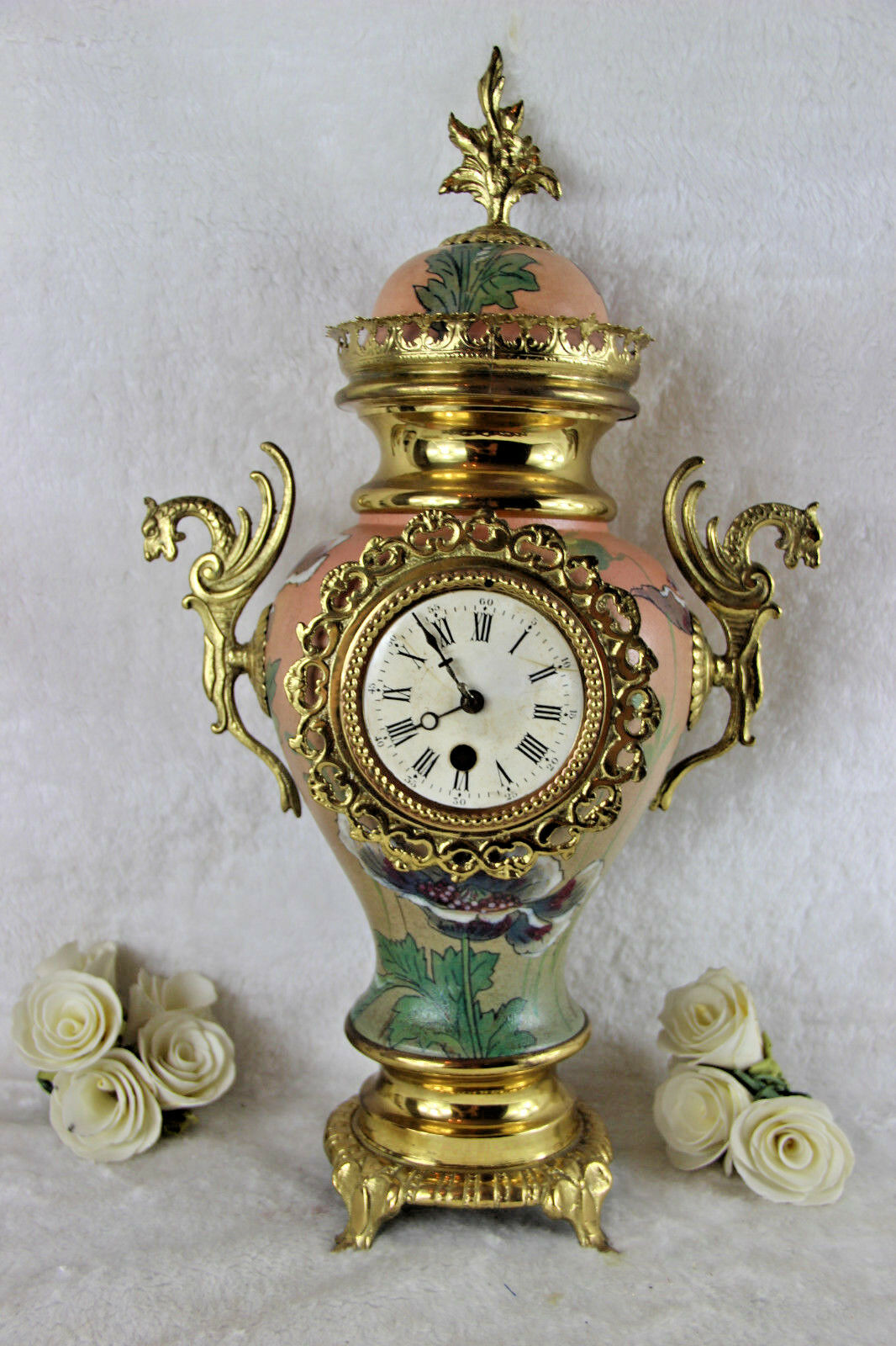 French Vintage Faience art nouveau design Clock dragon brass handles