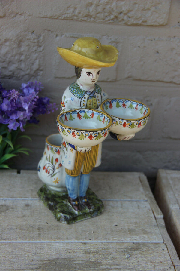 Antique henriot quimper Faience salt pepper vinegar cruet set figurine