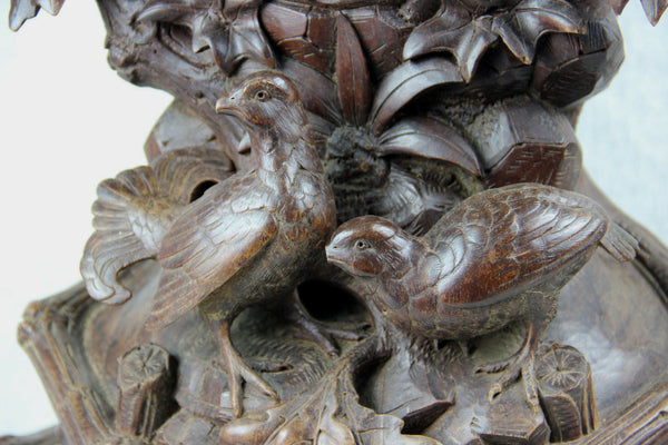 Huge BLACK FOREST wood carved 1885 Clock deer hunt birds marked