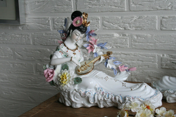 PAIR Japanese geisha porcelain figurines statue floral music playing