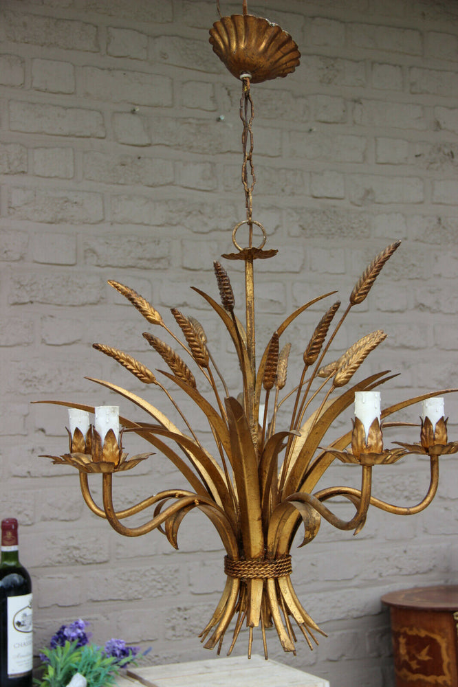 Vintage Florentine metal golt gilt 1970 Wheat sheaf bouquet chandelier lamp